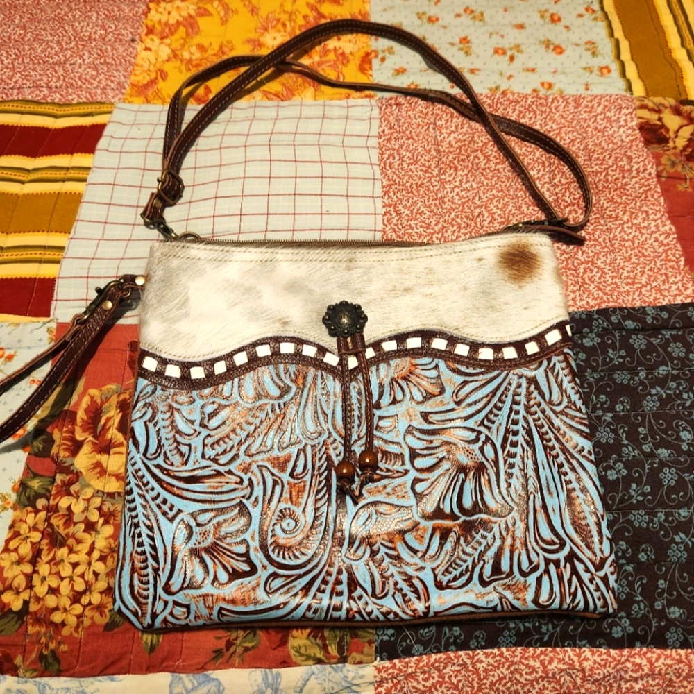 LikNewMyra Bag Handtooled Leather Brown Turquoise Cowhide Shoulder Crossbody Bag
